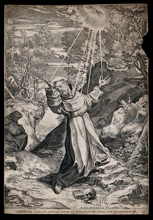 Saint Francis of Assisi receiving the stigmata of Christ from the seraph. Engraving by Thomassin (?) after Carracci, 1649.