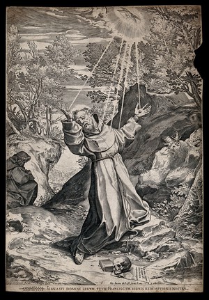 view Saint Francis of Assisi receiving the stigmata of Christ from the seraph. Engraving by Agostino Carracci, 1586.