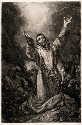 Saint Francis of Assisi receiving the stigmata of Christ. Etching by W. Unger after Carracci (?).