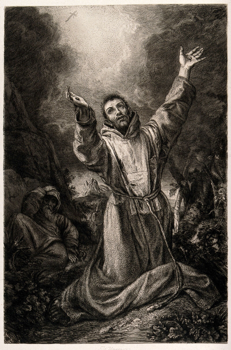 Saint Francis of Assisi receiving the stigmata of Christ. Etching by W. Unger after Carracci (?)., by William Unger