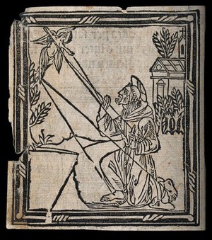 view Saint Francis of Assisi receiving the stigmata of Christ from the seraph. Woodcut, 15--.