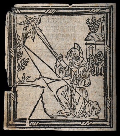 Saint Francis of Assisi receiving the stigmata of Christ from the seraph. Woodcut, 15--.
