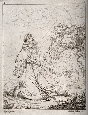 Saint Francis of Assisi receiving the stigmata of Christ from the seraph. Etching by G.P. Lasinio after Ludovico Cardi, il Cigoli.