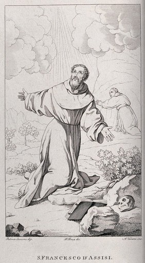 Saint Francis of Assisi receiving the stigmata of Christ. Etching by A. Viviani after F. Bosa after J. Palma il Giovane.