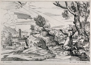 view Saint Francis of Assisi receiving the stigmata of Christ from a seraph. Etching by J.B. Corneille after a drawing attributed to Annibale Carracci, ca. 1680.