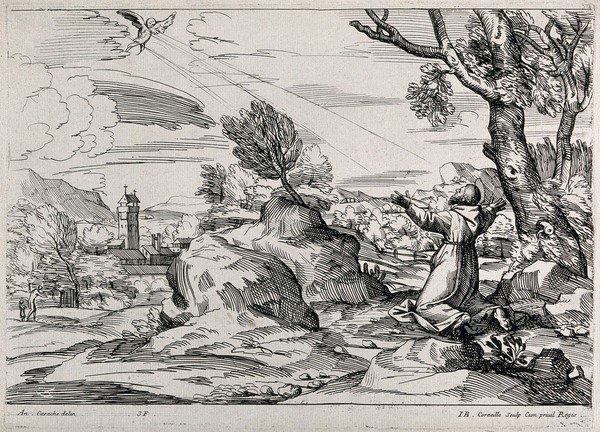 Saint Francis of Assisi receiving the stigmata of Christ from a seraph. Etching by J.B. Corneille after a drawing attributed to Annibale Carracci, ca. 1680.