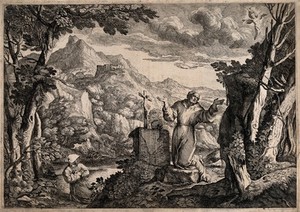 view Saint Francis of Assisi receiving the stigmata of Christ from a seraph; mount Alverna in the background. Etching by G.F. Grimaldi, 16--.