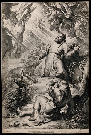 view Saint Francis of Assisi receiving the stigmata from Christ on the cross; friar in the foreground. Engraving by L.E. Vorsterman after P.P. Rubens, 1618.