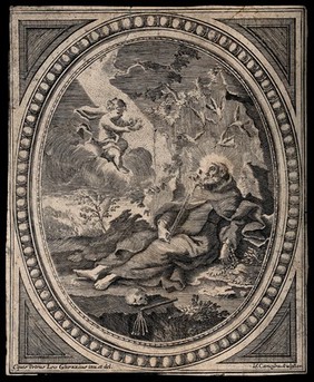 Saint Francis of Assisi (?) lying on the ground, looking at an angel on a cloud. Engraving by G.B. Canossa after P.L. Ghezzi, ca. 1730.