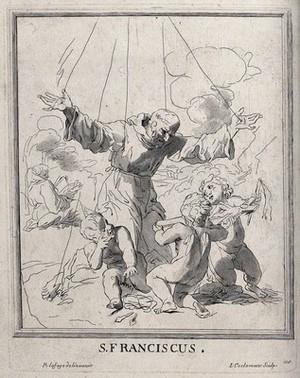 view Saint Francis of Assisi receiving the stigmata of Christ; two angels holding a cross in front of him. Etching by J. Coelemans after R. Lafage, 17--.