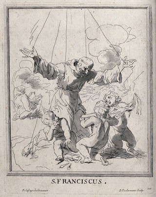 Saint Francis of Assisi receiving the stigmata of Christ; two angels holding a cross in front of him. Etching by J. Coelemans after R. Lafage, 17--.