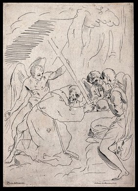 Saint Francis of Assisi kneeling and holding a cross; three angels around him. Etching after P. Testa, ca. 1640.