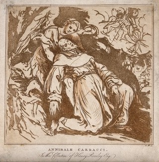 Saint Francis of Assisi supported by an angel is receiving the stigmata of Christ from the seraph. Etching by C.M. Metz after a drawing attributed to Annibale Carracci, ca. 1798.