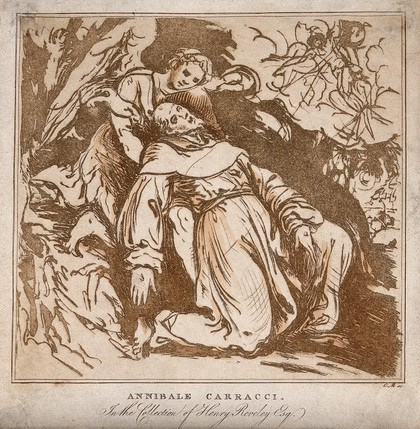 Saint Francis of Assisi supported by an angel is receiving the stigmata of Christ from the seraph. Etching by C.M. Metz after a drawing attributed to Annibale Carracci, ca. 1798.