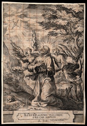 Saint Francis of Assisi receiving the stigmata of Christ from a seraph; two angels beside him. Etching by C. Alberti, 1577.