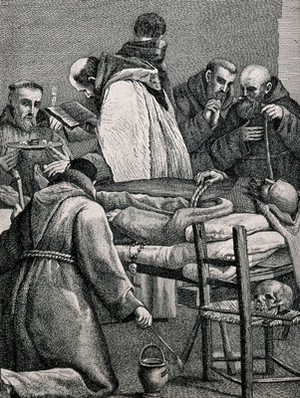 view The last rites being administered at the deathbed of a dying monk. Etching by J.A. Riedel, 1754, after G.M. Crespi.