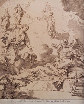 A saint lying on his death bed is visited by the Virgin, saints and angels. Etching by B. Picart after G. Reni.