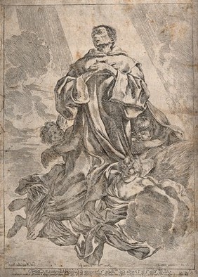 Saint John of God ascending to heaven, supported by three angels. Etching by L. Mattioli after D.M. Viani after G.M. Viani, 16--.