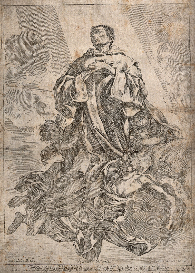 Saint John of God ascending to heaven, supported by three angels. Etching by L. Mattioli after D.M. Viani after G.M. Viani, 16--., Q.sto dì 20 Gen.io 1691, by Giovanni Maria Viani