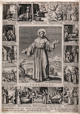 Saint Francis of Assisi: episodes in his life; centre, Saint Francis standing on Mount Alvernia. Engraving, 16--.