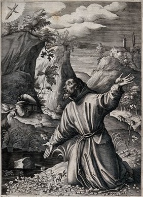 Saint Francis of Assisi kneeling with open arms, looking at the seraph with six wings who had appeared in the sky. Engraving, ca. 1612.