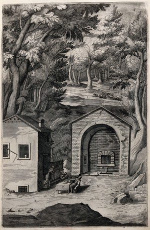 view Fountain of Saint Francis of Assisi. at La Verna. Engraving attributed to D. Falcini after J. Ligozzi, ca. 1612.