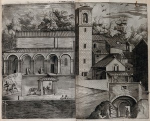 view Buildings of the church and monastery of Mount Verna. Engraving attributed to D. Falcini after J. Ligozzi, ca. 1612.