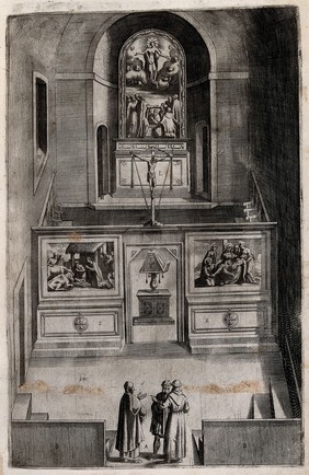 The interior of the smaller church on Mount Verna; decorated with paintings of the life of Christ: birth, descent from the cross and the ascension. Engraving attributed to D. Falcini after J. Ligozzi, ca. 1612.