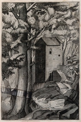 The chapel of Saint Mary Magdalen, on Mount Verna. Engraving attributed to D. Falcini after J. Ligozzi, ca. 1612.