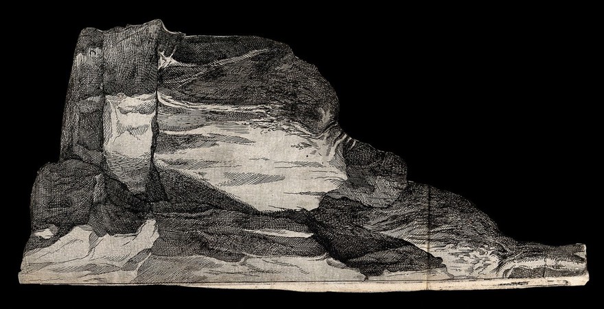 A stone: superimposed flap on the plate of the interior of the chapel of Saint Mary Magdalen, on Mount Verna. Engraving attributed to D. Falcini after J. Ligozzi, ca. 1612.