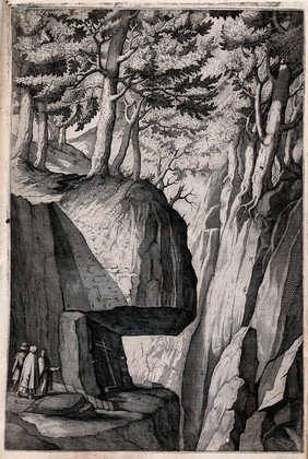 A rocky overhang on Mount Verna at the place where Saint Francis worshipped. Engraving attributed to D. Falcini after J. Ligozzi, ca. 1612.