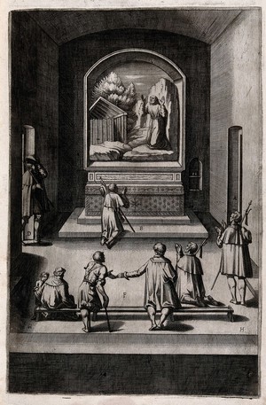 view Interior of the Capella della Croce on Mount Verna; with a painting of Saint Francis on the altar. Engraving attributed to D. Falcini after J. Ligozzi, ca. 1612.