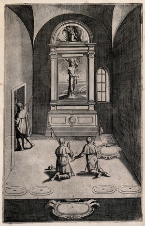 view Interior of the chapel of Saint Sebastian on Mount Verna; with a painting of Sebastian pierced by arrows. Engraving attributed to D. Falcini after J. Ligozzi, ca. 1612.