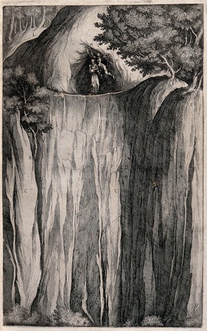 view Saint Francis of Assisi tempted by the Devil on mount La Verna. Etching by R. Sciaminossi after J. Ligozzi, ca. 1612.