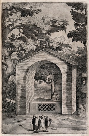 view A Franciscan monk showing a little chapel on mount La Verna to two pilgrims. Engraving attributed to D. Falcini after J. Ligozzi, ca. 1612.