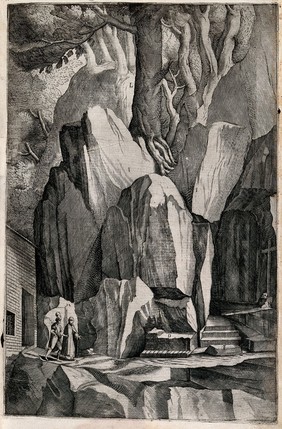 Two men walking along a path on mount La Verna towards a sanctuary. Engraving attributed to D. Falcini after J. Ligozzi, ca. 1612.