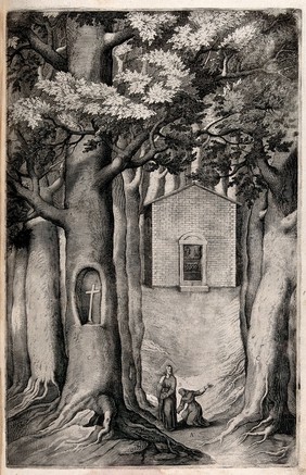 The chapel of the beech tree on mount La Verna; Christ appearing to a monk named Giovanni. Engraving attributed to D. Falcini after J. Ligozzi, ca. 1612.