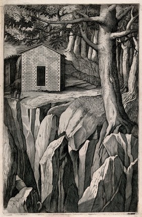 The chapel on mount La Verna on the site of the cell inhabited by a monk named Giovanni. Engraving attributed to D. Falcini after J. Ligozzi, ca. 1612.