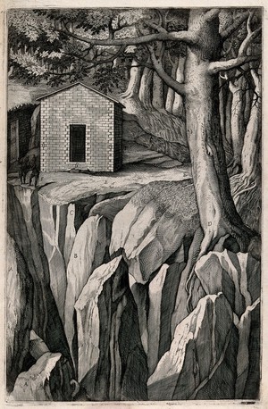 view The chapel on mount La Verna on the site of the cell inhabited by a monk named Giovanni. Engraving attributed to D. Falcini after J. Ligozzi, ca. 1612.