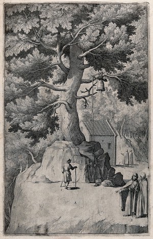 view Monks on mount La Verna; bell hung on a tree. Etching by R. Sciaminossi after J. Ligozzi, ca. 1612.
