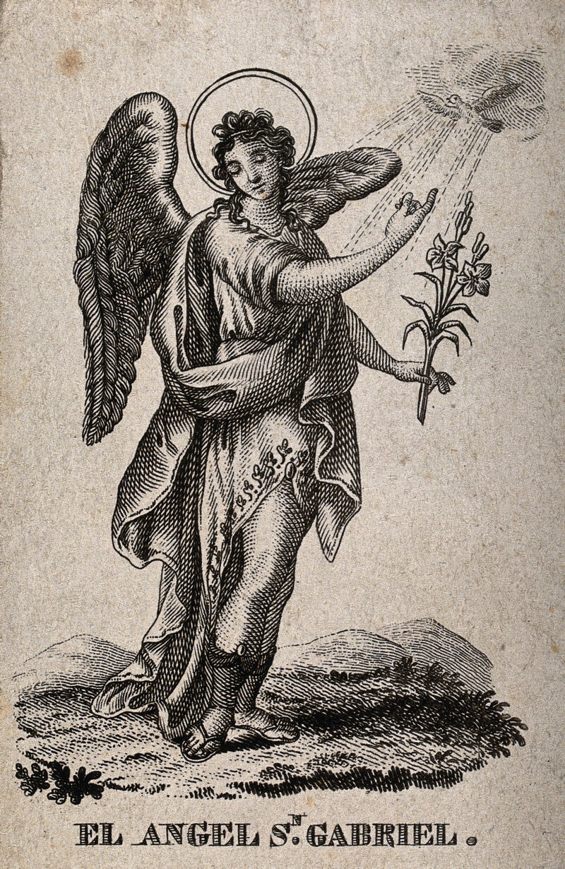 The Archangel Gabriel holding lilies and pointing at a dove. Engraving ...