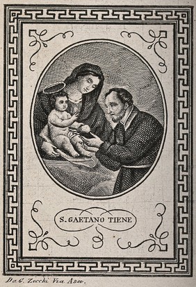 The Virgin Mary presenting the infant Christ to Saint Gaetano. Engraving, 182-.