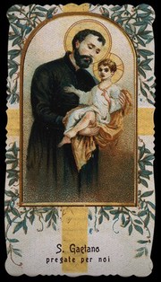 Saint Gaetano holding the infant Christ. Colour lithograph.