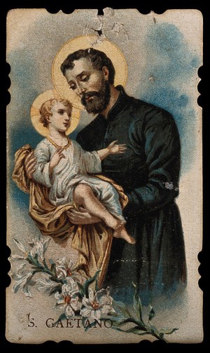 view Saint Gaetano holding the infant Christ. Colour lithograph.