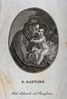 Saint Gaetano holding the infant Christ. Engraving by Salvardi, 17--.