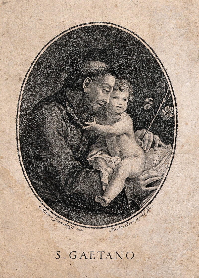 Saint Gaetano holding the infant Christ. Stipple by P. Bernardi after M. Gandolfi, ca. 1800., [1800?], by Mauro Gandolfi