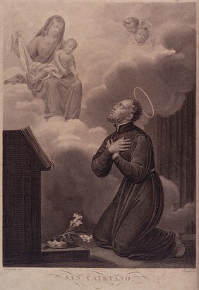 Saint Gaetano kneeling in front of an altar, looking up at the Virgin and Child seated on a cloud. Stipple by Augros after C.A. Chasselat, 1830.