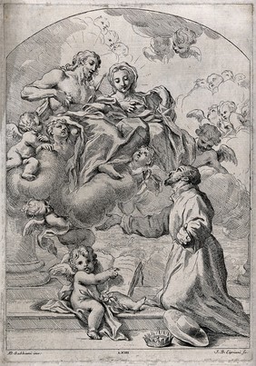 Saint Gaetano kneeling, looking up at the Virgin and Christ seated on a cloud amid cherubs; cherub holding the Bible in the foreground. Engraving by G.B. Cipriani after A.D. Gabbiani, ca. 1760.