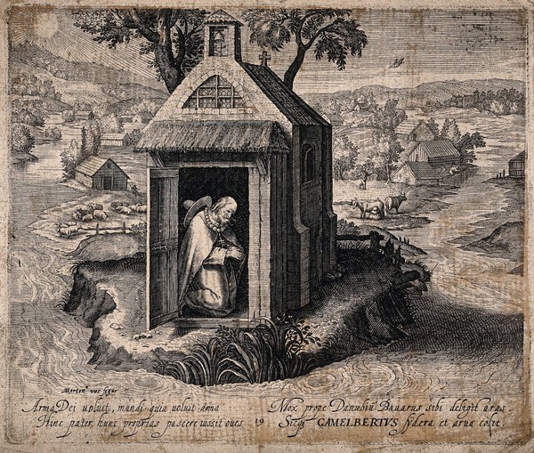 The Blessed Gamelbert of Michaelsbuch kneeling and praying in a chapel by the Danube; fields and houses in the background. Engraving after M. de Vos, 16--.