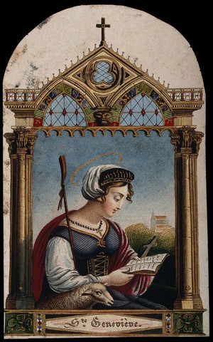 view Saint Geneviève seated under a Gothic canopy, holding the Bible; a lamb at her side; a church in the background. Coloured engraving, ca. 1800.